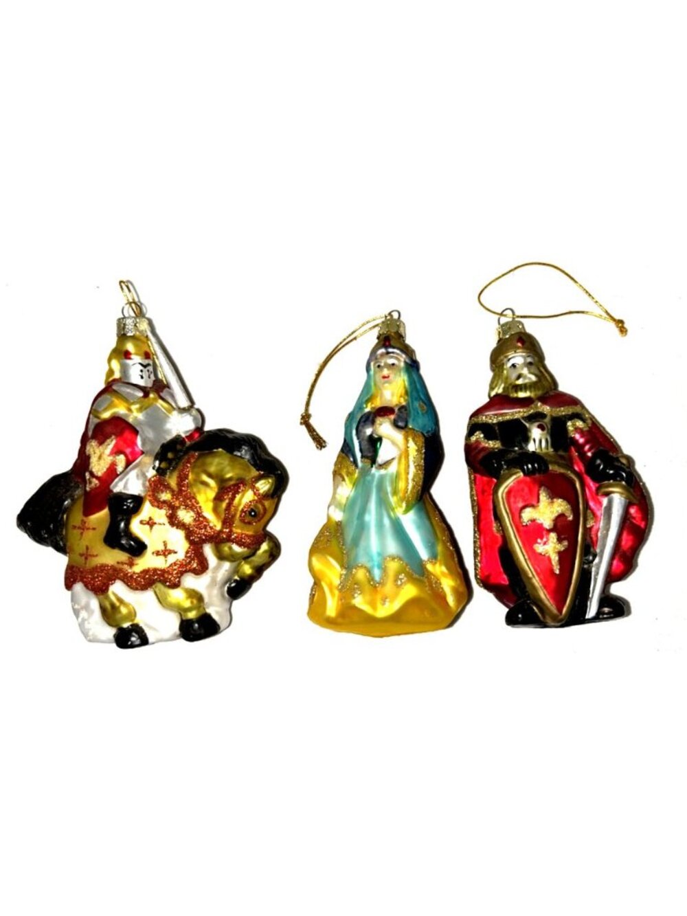 Medieval Glass Christmas Ornaments Jousting Knights Maiden 5" Lot of 3 Vtg